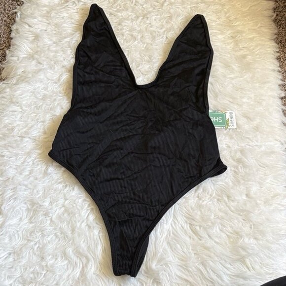 NWT Shekini Black Ribbed Deep U-Neck Thong Back One Piece Swimsuit L - Picture 1 of 10